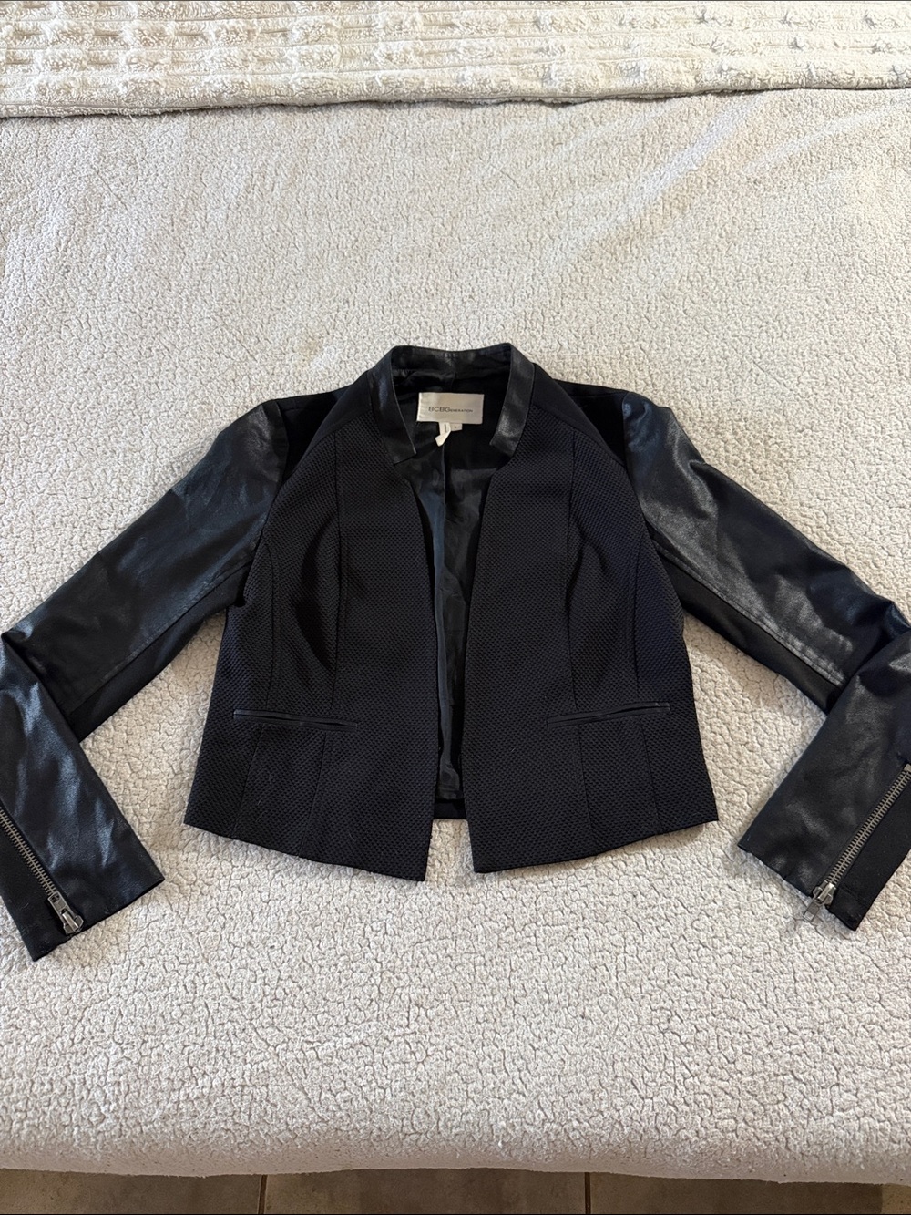 BCBGeneration Black Textured Blazer with Faux-Leather Sleeves Small